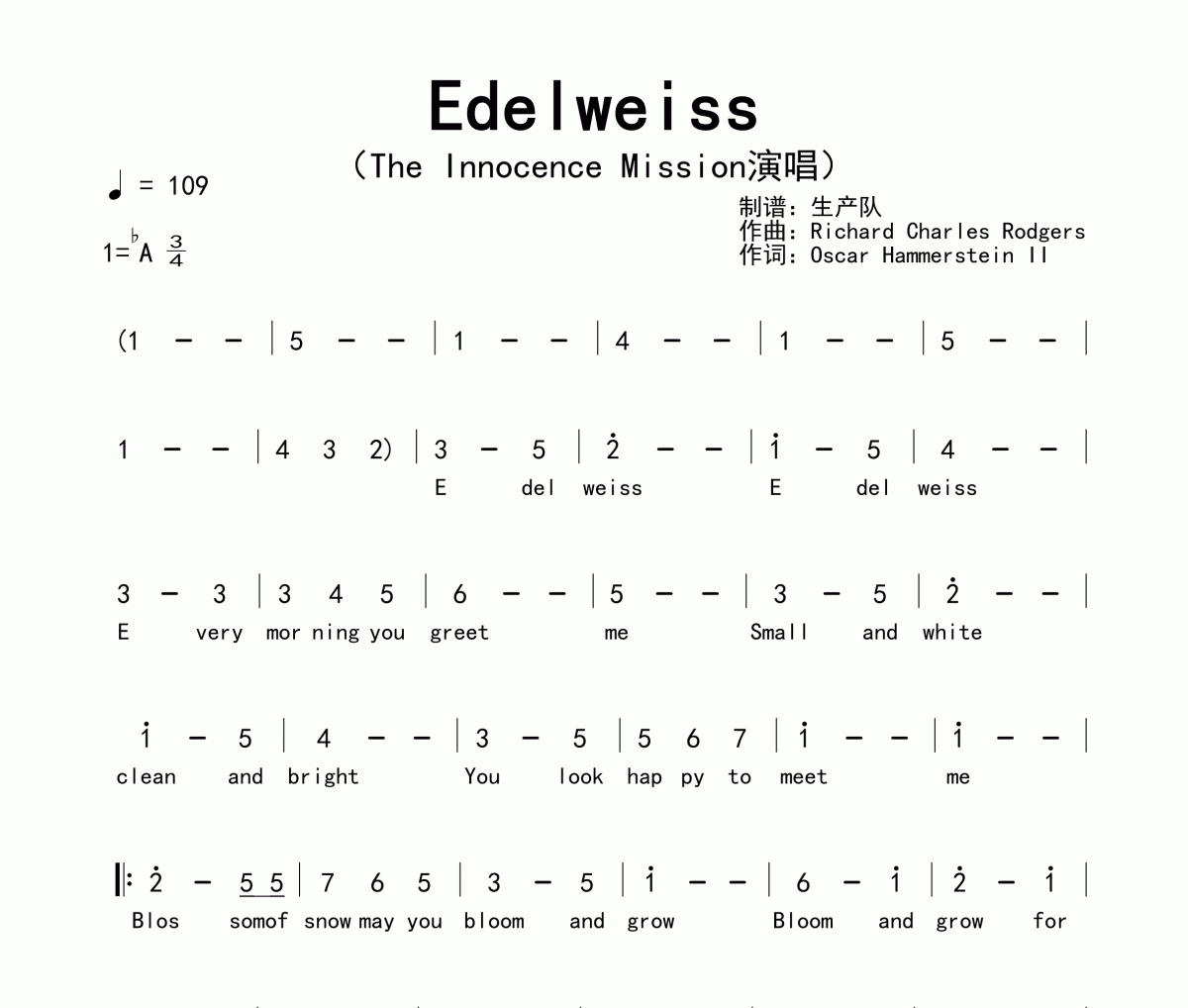 Edelweiss简谱 The Innocence Mission《Edelweiss》简谱降A调