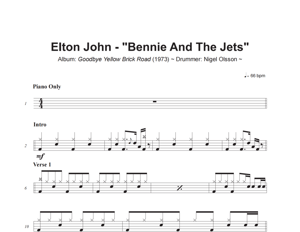 Elton John《Bennie And The Jets》架子鼓|爵士鼓|鼓谱+动态视频