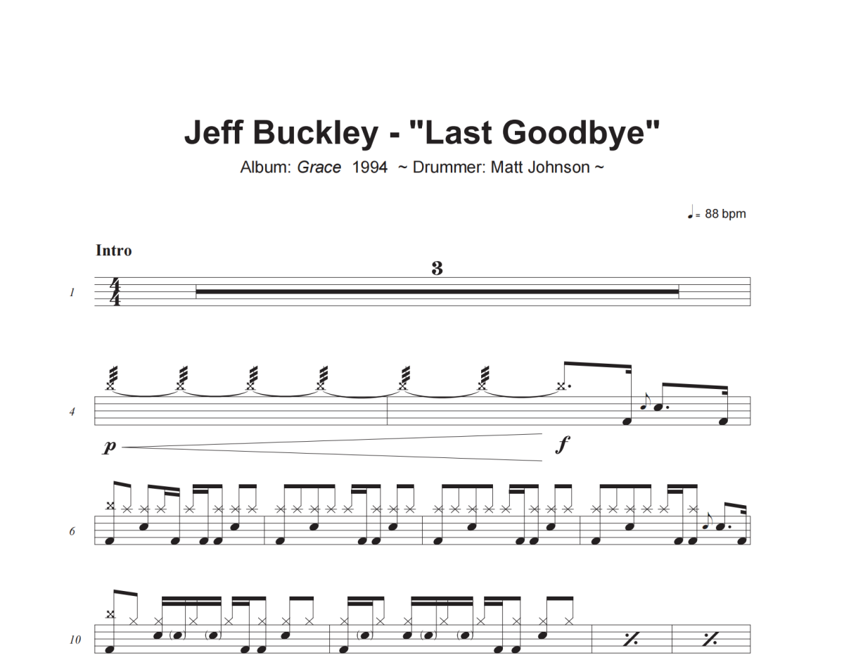 Jeff Buckley《Last Goodbye》架子鼓|爵士鼓|鼓谱+动态视频