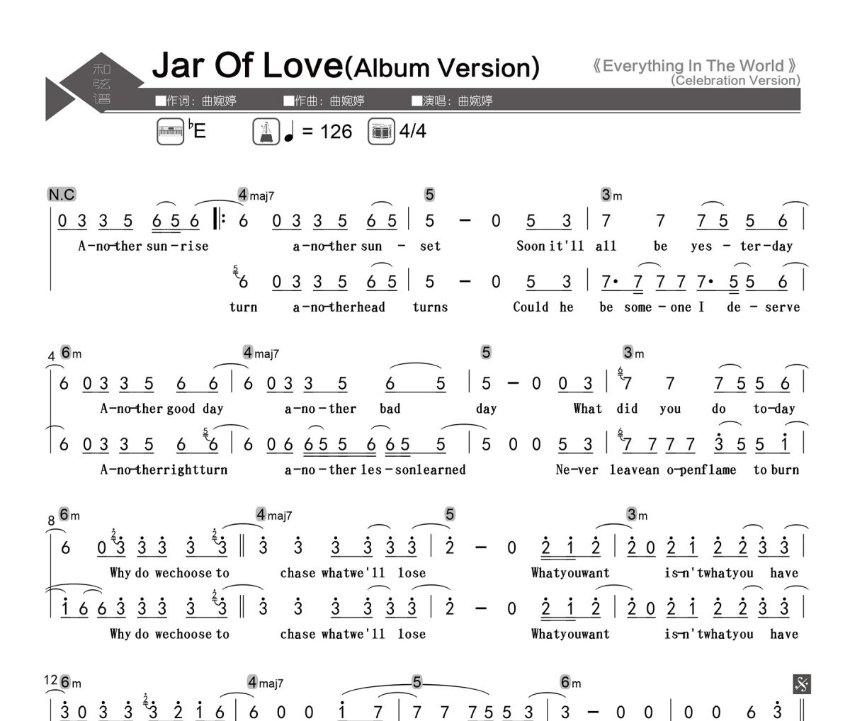 Jar Of Love 简谱 曲婉婷《Jar Of Love 》(Album Version)简谱降E调