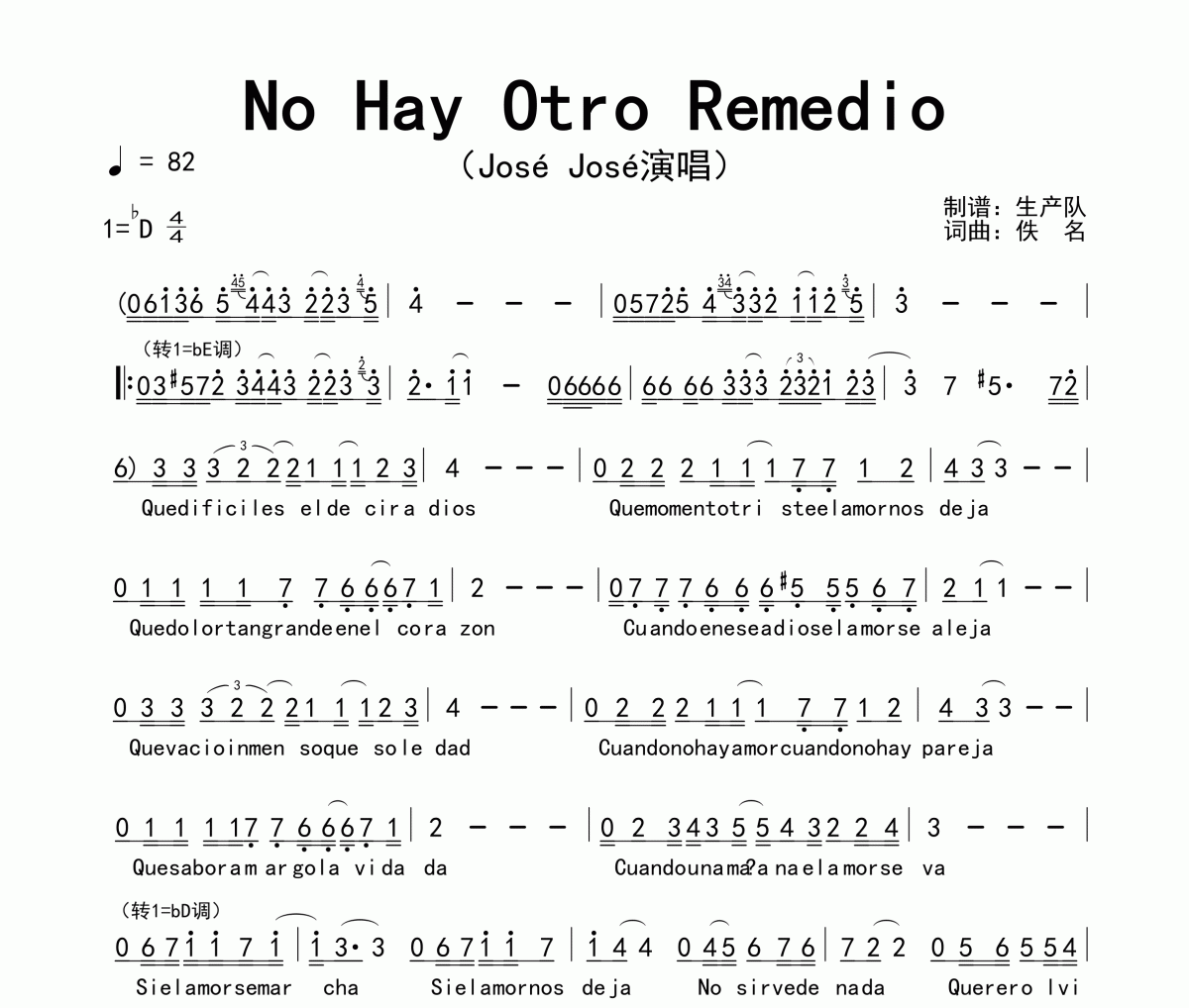 No Hay Otro Remedio简谱 José José《No Hay Otro Remedio》简谱降D调