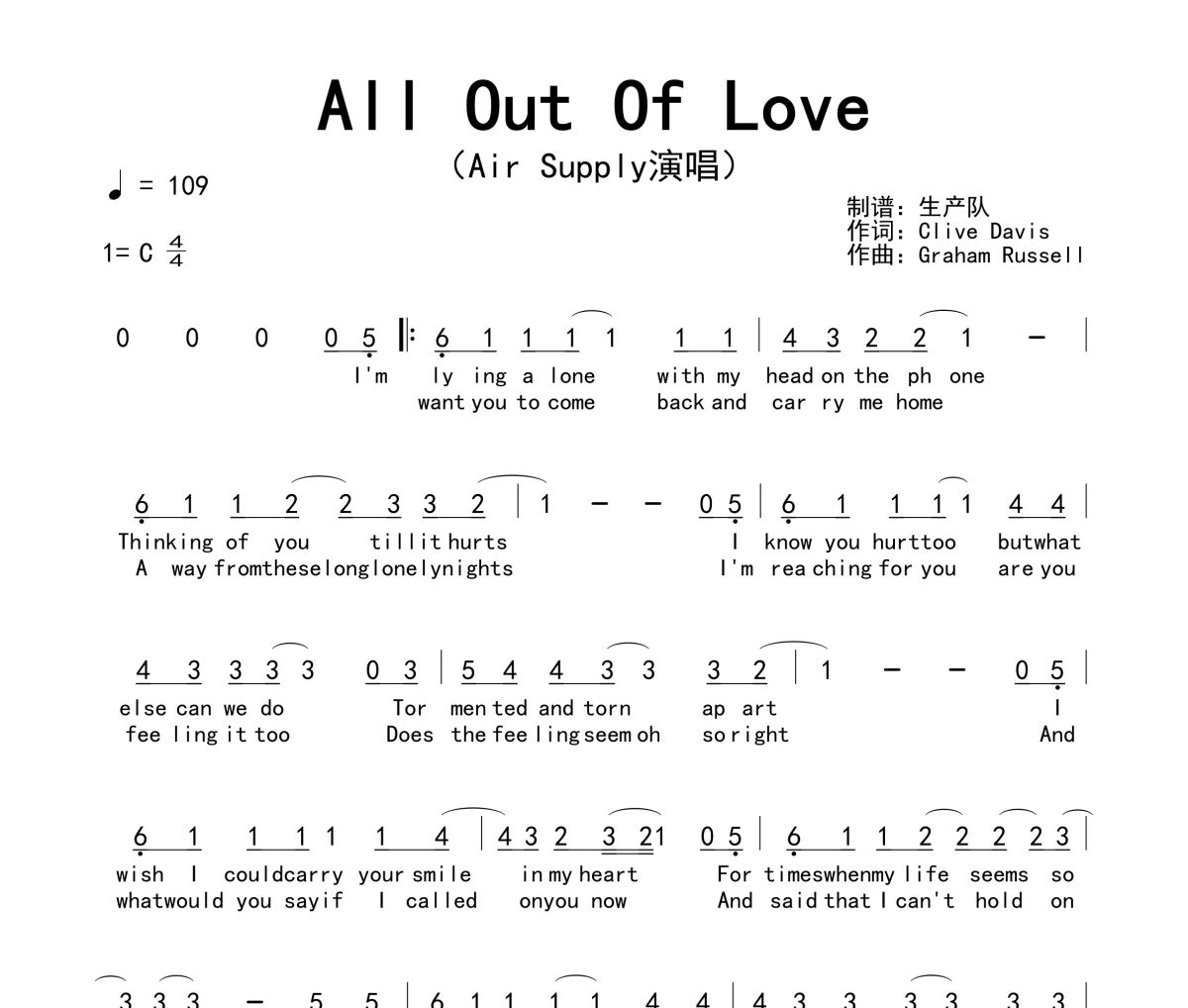 All Out Of Love简谱 Air Supply《All Out Of Love》简谱C调
