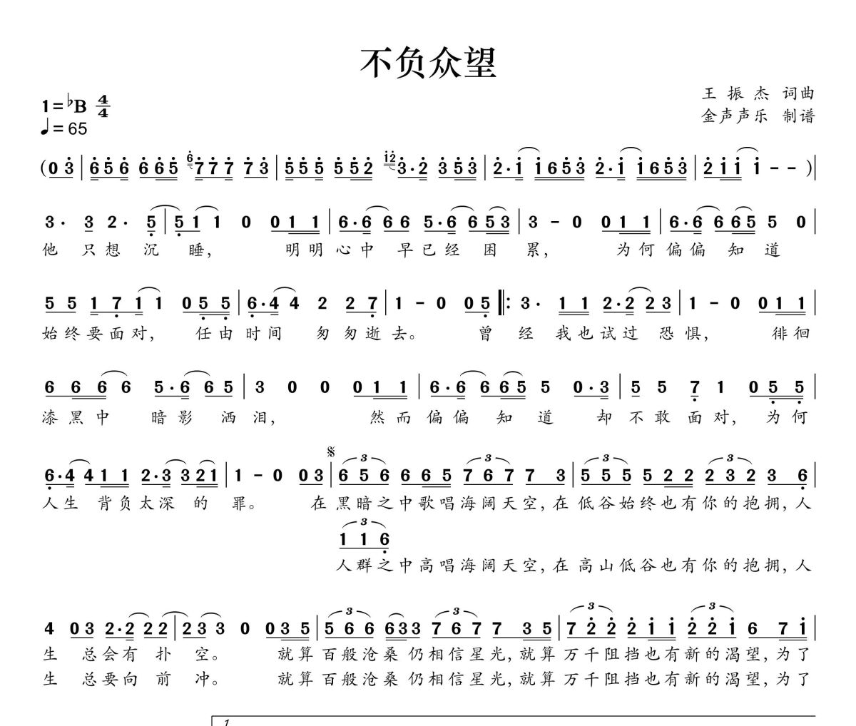 不负众望简谱 陈婉菁-不负众望简谱+动态视频降B调