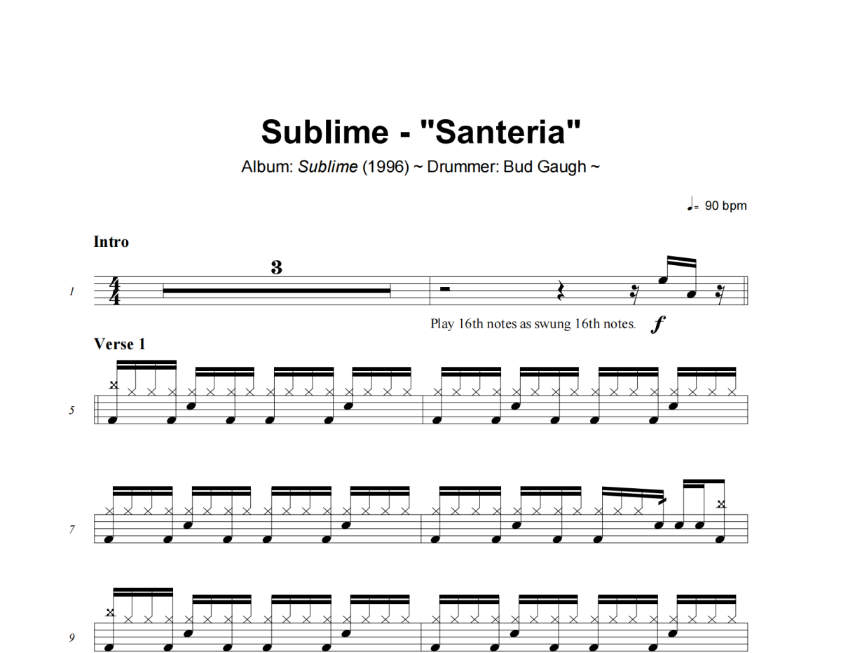Santeria鼓谱 Sublime《Santeria》架子鼓|爵士鼓|鼓谱+动态视频