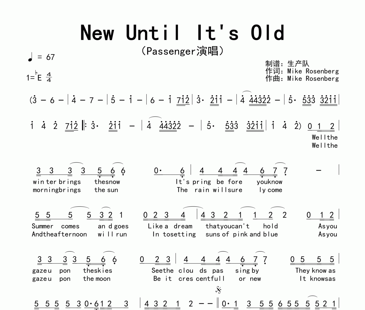 New Until It's Old简谱 Passenger《New Until It's Old》简谱降E调