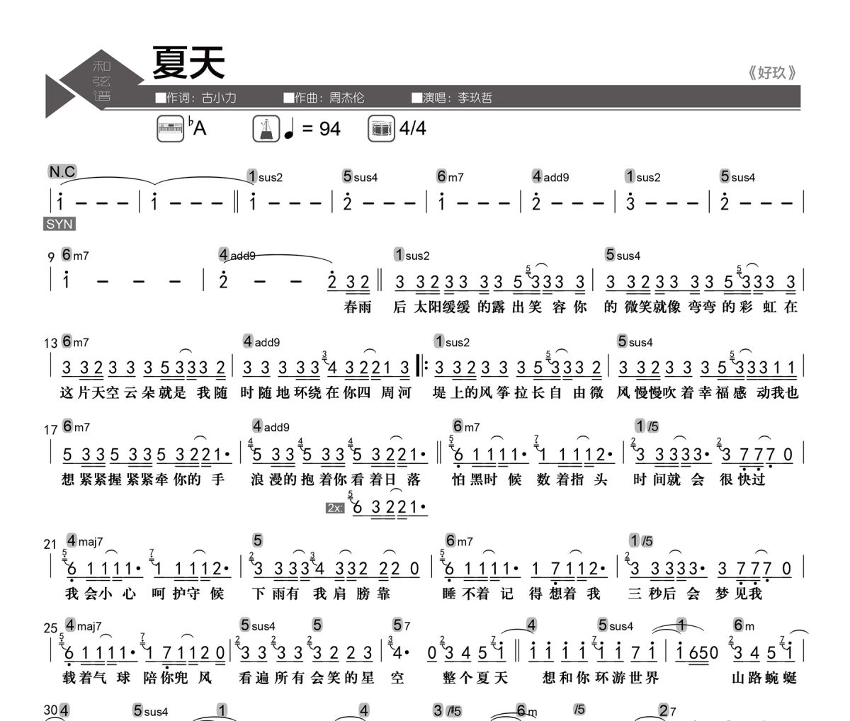 夏天简谱 李玖哲《夏天》简谱降A调