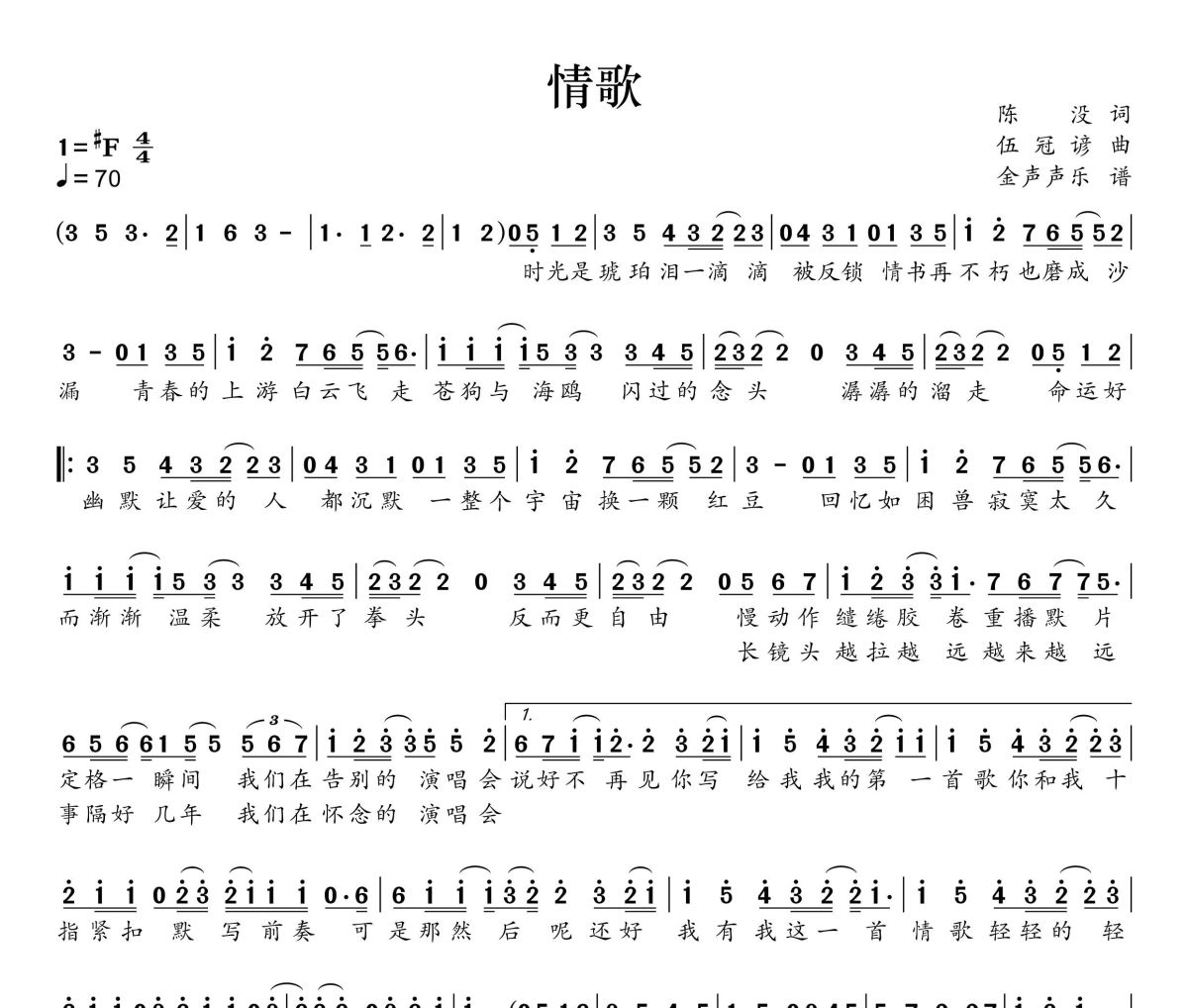 情歌简谱 梁静茹《情歌》简谱+动态视频升F调
