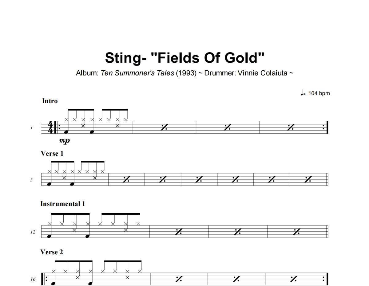 Fields Of Gold鼓谱 Sting《Fields Of Gold》架子鼓|爵士鼓|鼓谱+动态视频