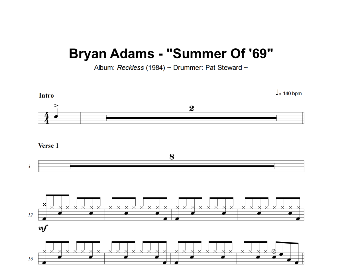 Summer Of '69鼓谱 Bryan Adams-Summer Of '69爵士鼓谱+动态视频