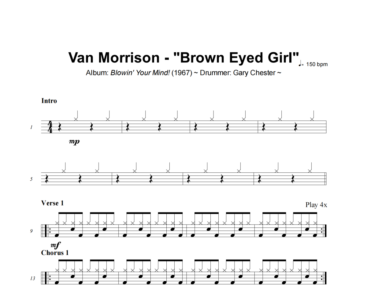 Girl鼓谱 Van Morrison《Brown Eyed Girl》架子鼓|爵士鼓|鼓谱+动态视频