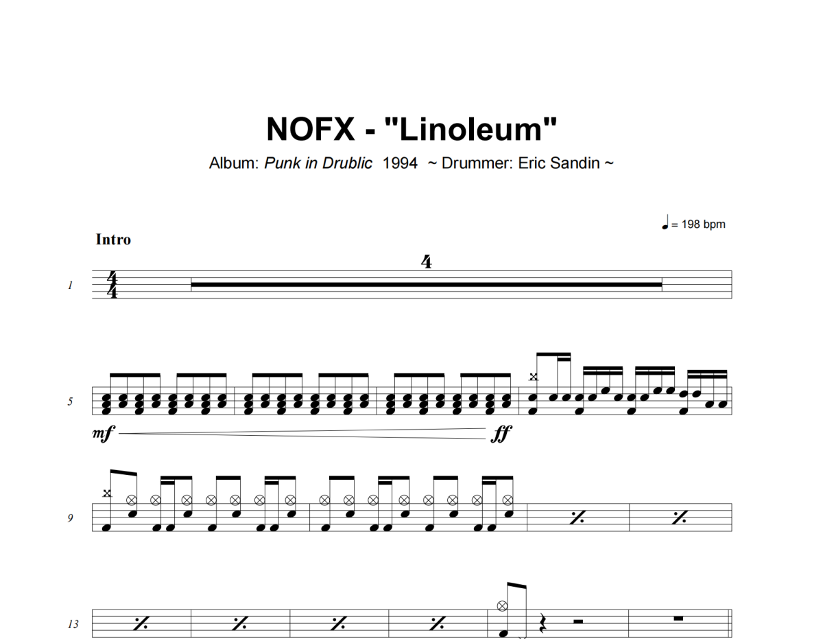 Linoleum鼓谱 NOFX《Linoleum》架子鼓|爵士鼓|鼓谱+动态视频