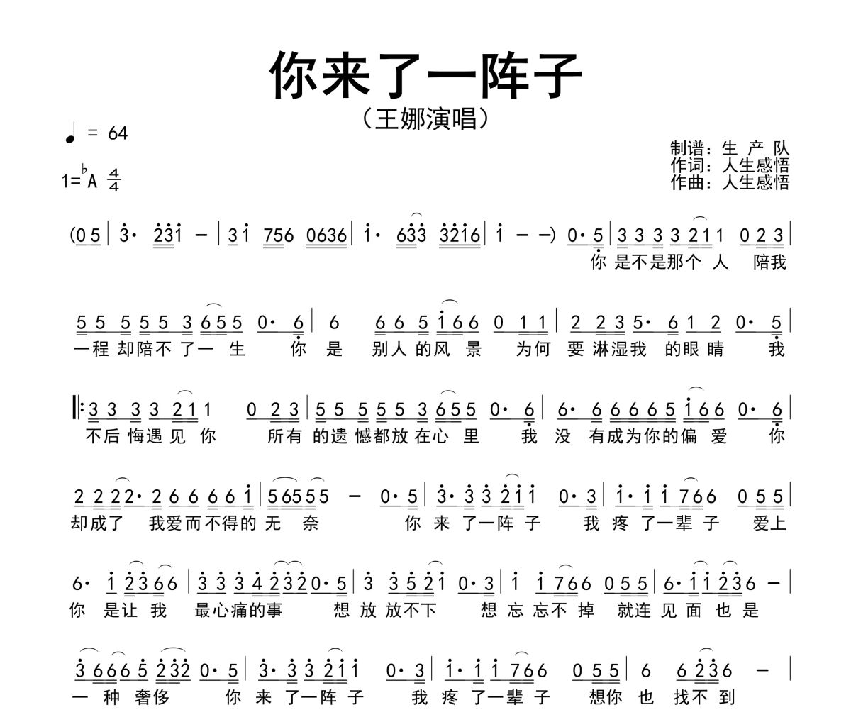 你来了一阵子简谱 王娜《你来了一阵子》简谱降A调