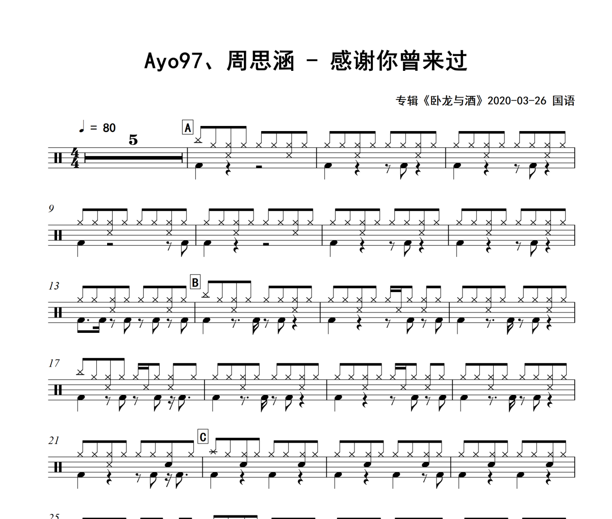 感谢你曾经来过鼓谱 Ayo97、周思涵《感谢你曾经来过》架子鼓|爵士鼓|鼓谱