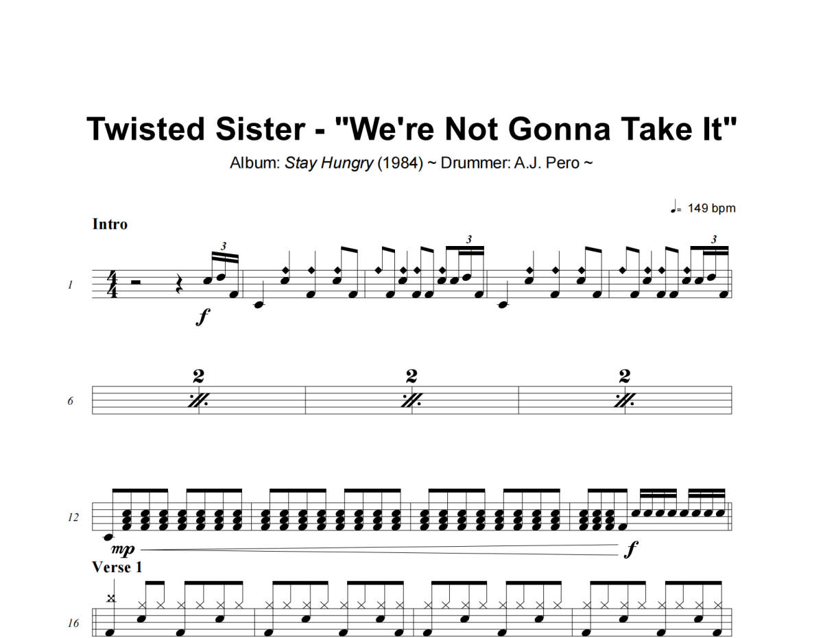 Twisted Sister《We're Not Gonna Take It》架子鼓|爵士鼓|鼓谱+动态视频