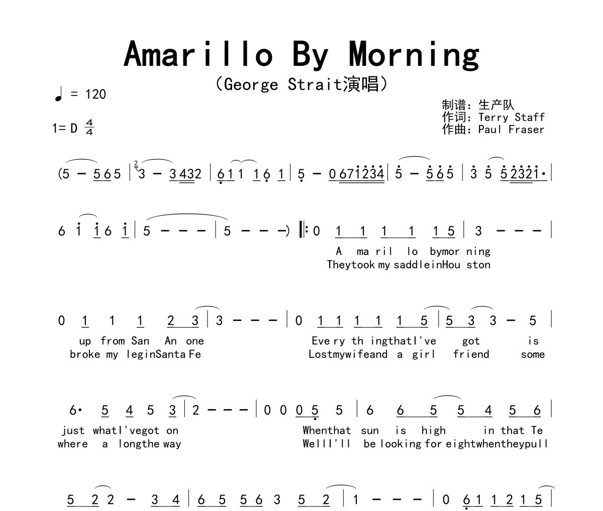 Amarillo By Morning简谱 George Strait《Amarillo By Morning》简谱D调