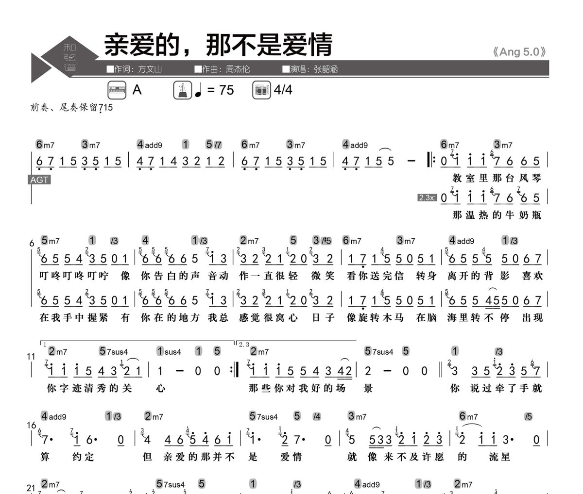 亲爱的，那不是爱情简谱 张韶涵《亲爱的，那不是爱情》简谱A调
