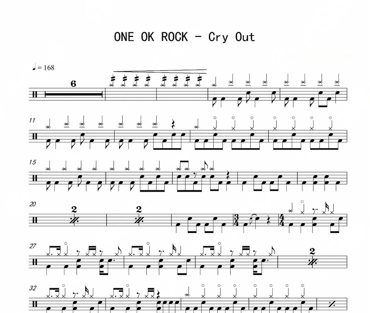 Cry Out鼓谱 ONE OK ROCK《Cry Out》架子鼓|爵士鼓|鼓谱