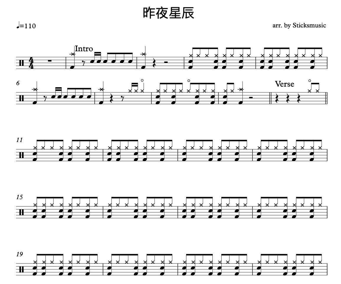 昨夜星辰鼓谱 林淑容《昨夜星辰》架子鼓|爵士鼓|鼓谱