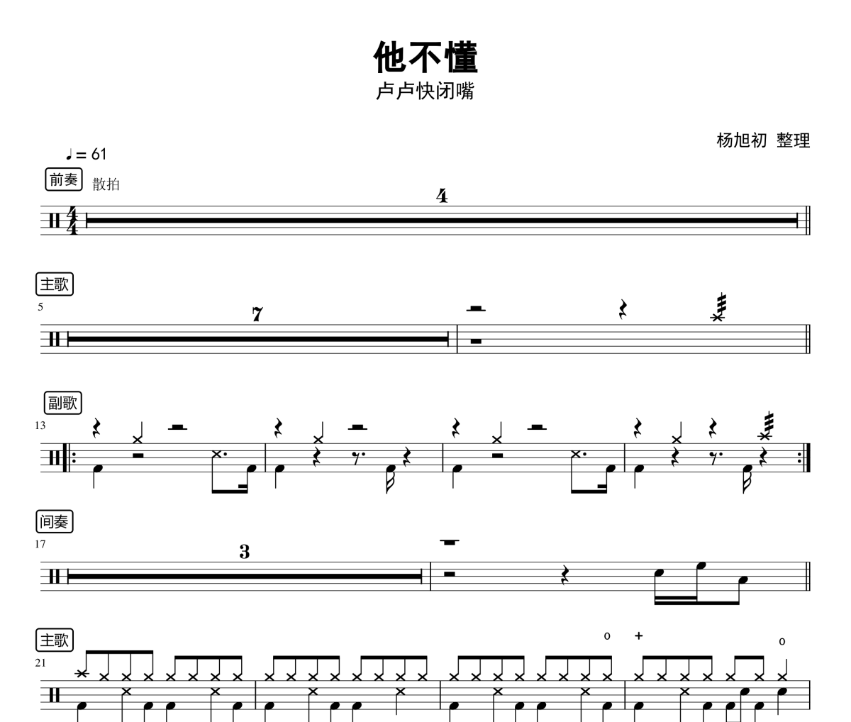 他不懂鼓谱 卢卢快闭嘴《他不懂》架子鼓|爵士鼓|鼓谱
