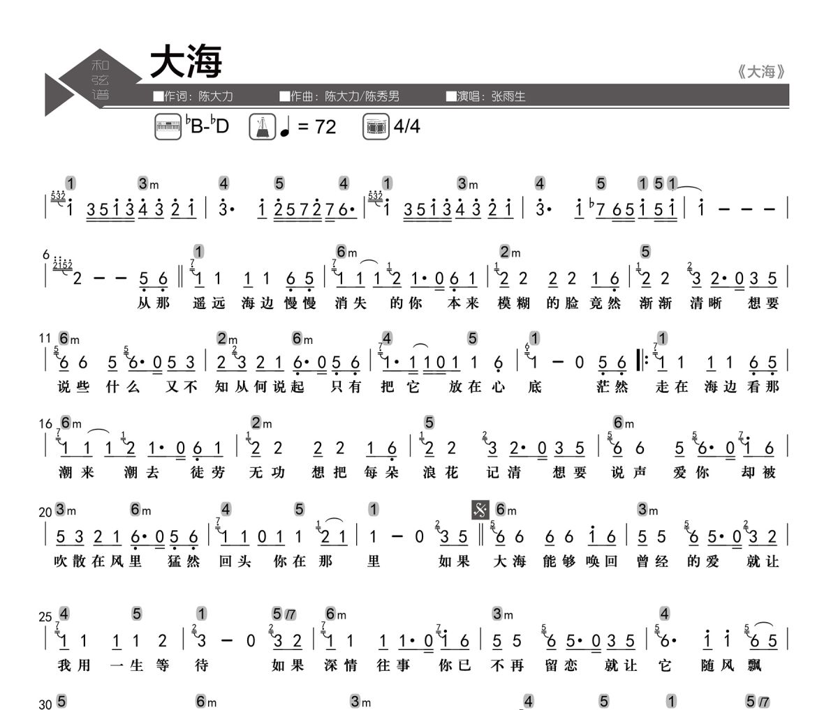 大海简谱 张雨生《大海》简谱