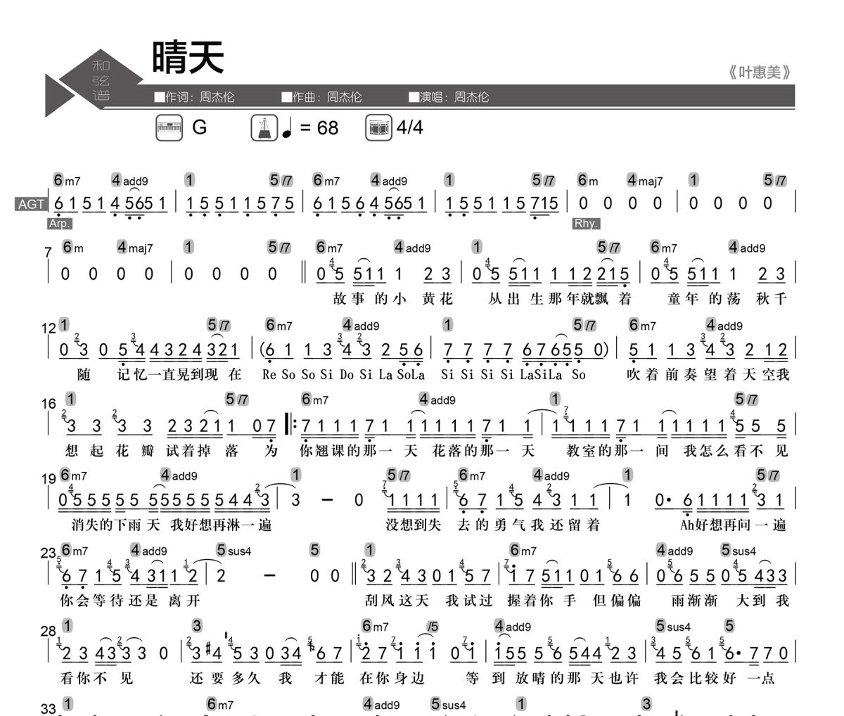 晴天简谱 周杰伦《晴天》简谱G调