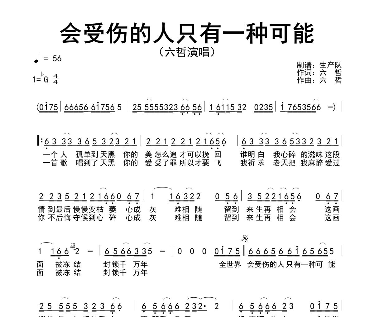 会受伤的人只有一种可能简谱 六哲《会受伤的人只有一种可能》简谱降G调