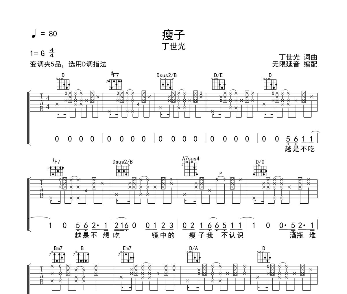 瘦子吉他谱 丁世光《瘦子》六线谱 无限延音