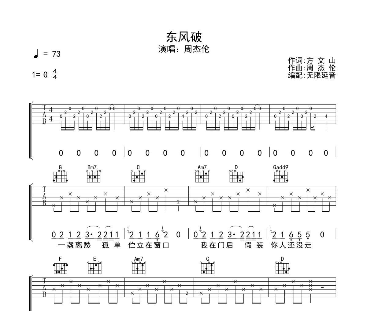 东风破吉他谱 周杰伦《东风破》六线谱无限延音