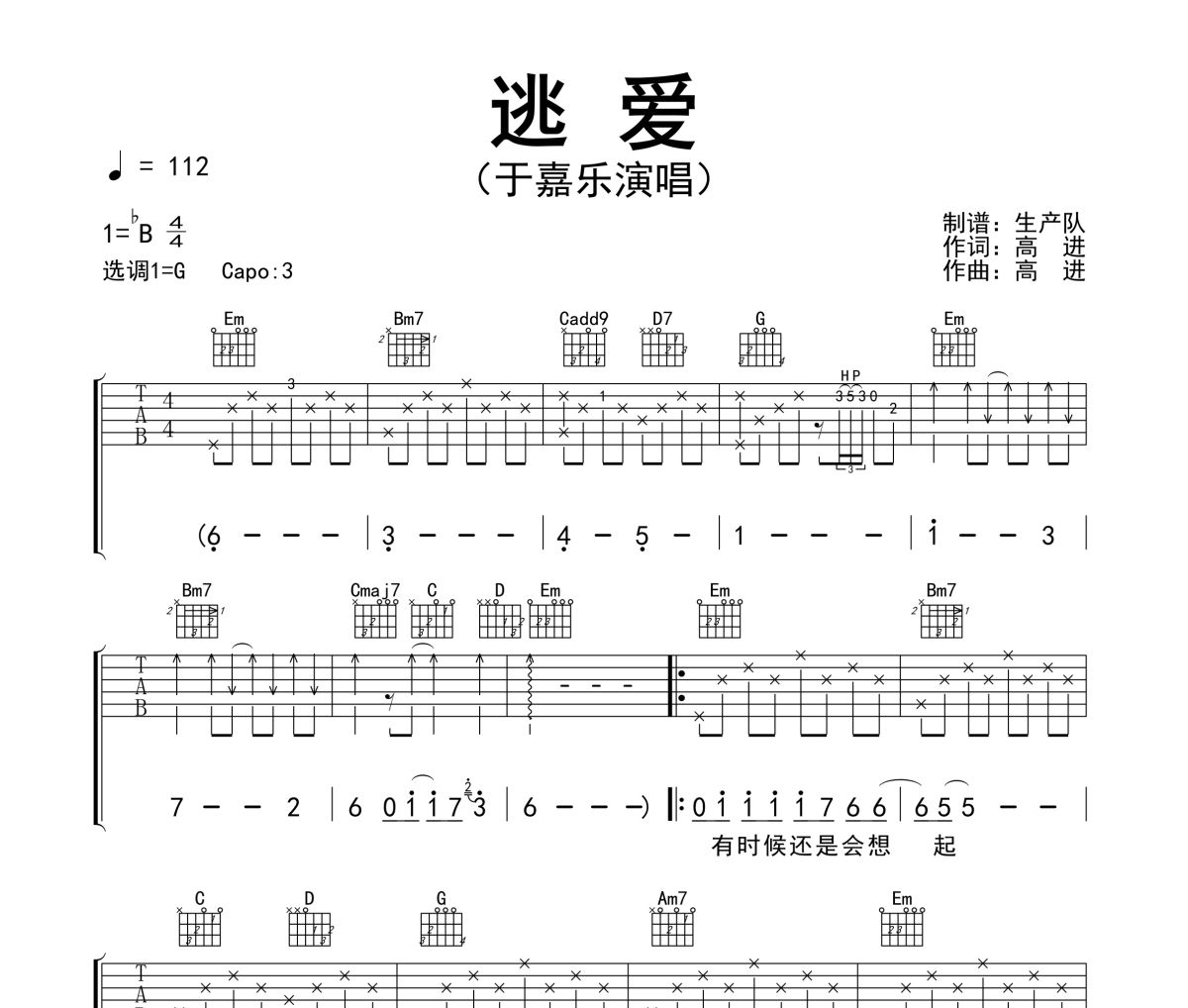 逃爱吉他谱 于嘉乐-逃爱G调六线谱