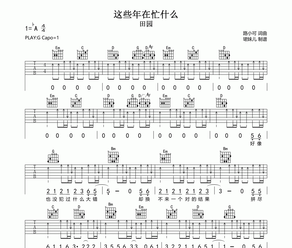 这些年在忙什么吉他谱 田园-这些年在忙什么G调指法编配弹唱谱