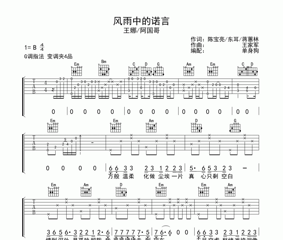 风雨中的诺言吉他谱 王娜/阿国哥《风雨中的诺言》G调弹唱谱