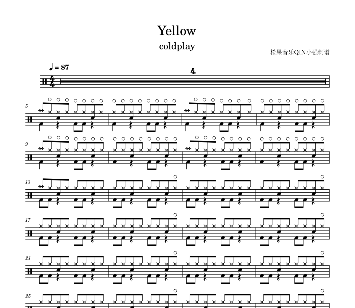yellow鼓谱 酷玩乐队《yellow》架子鼓|爵士鼓|鼓谱