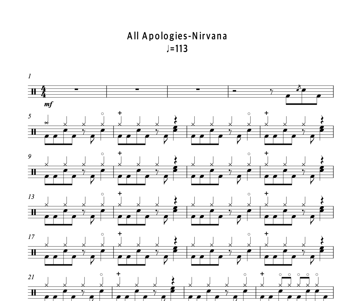 All Apologies鼓谱 Nirvana（涅槃）《All Apologies》架子鼓|爵士鼓|鼓谱
