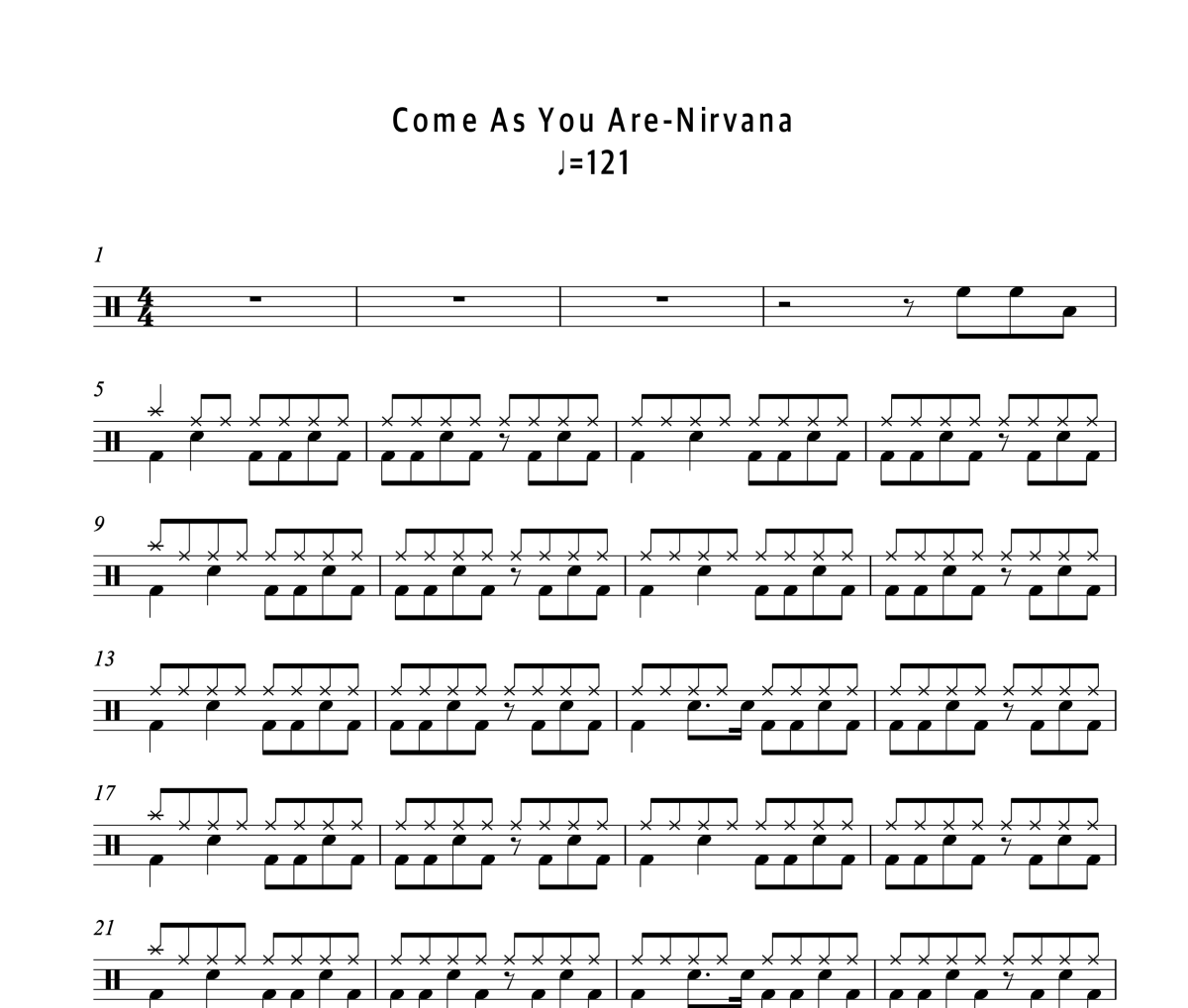 Come As You Are鼓谱 Nirvana（涅槃）Come As You Are架子鼓|爵士鼓|鼓谱