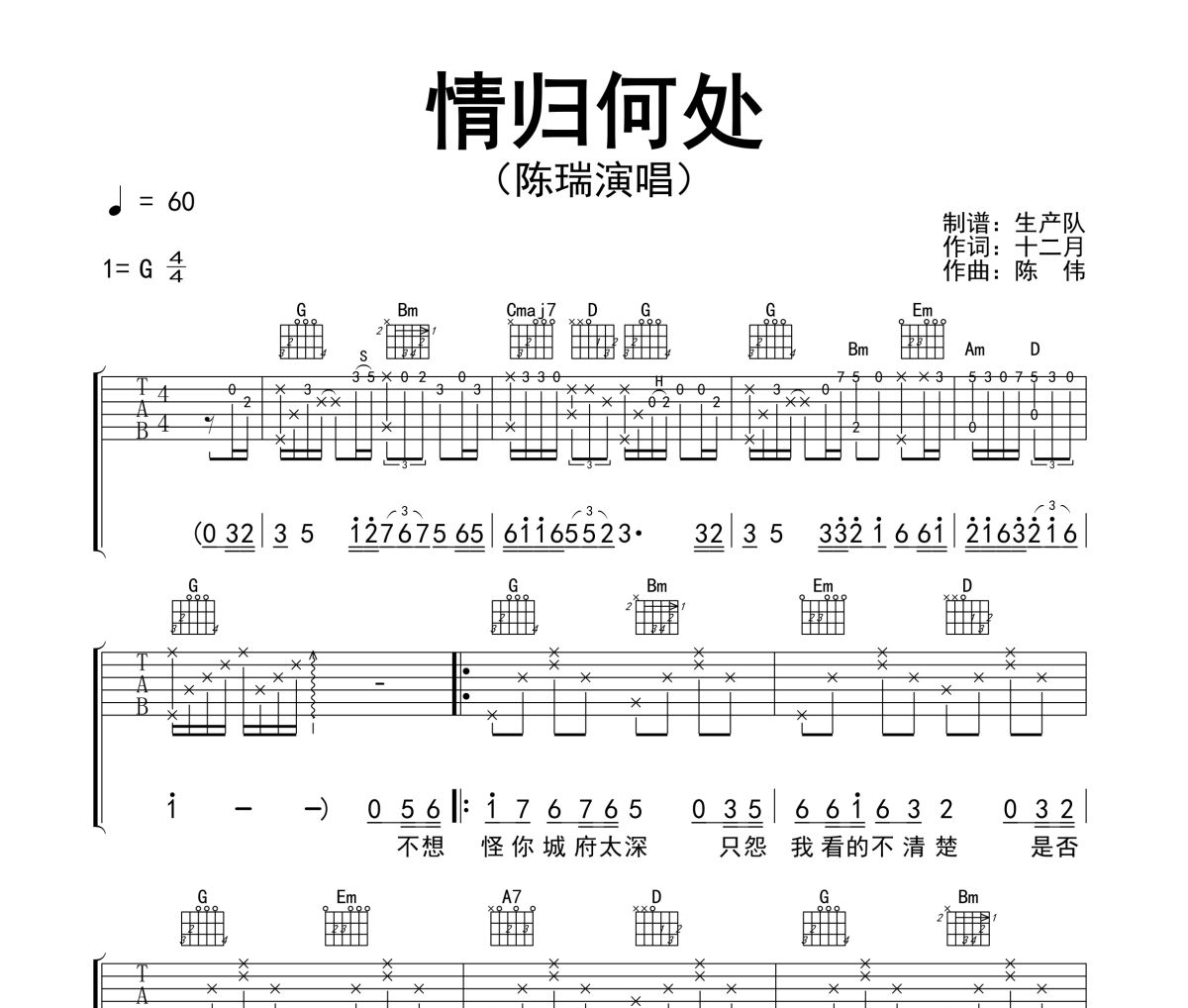情归何处吉他谱 陈瑞《情归何处》六线谱|吉他谱