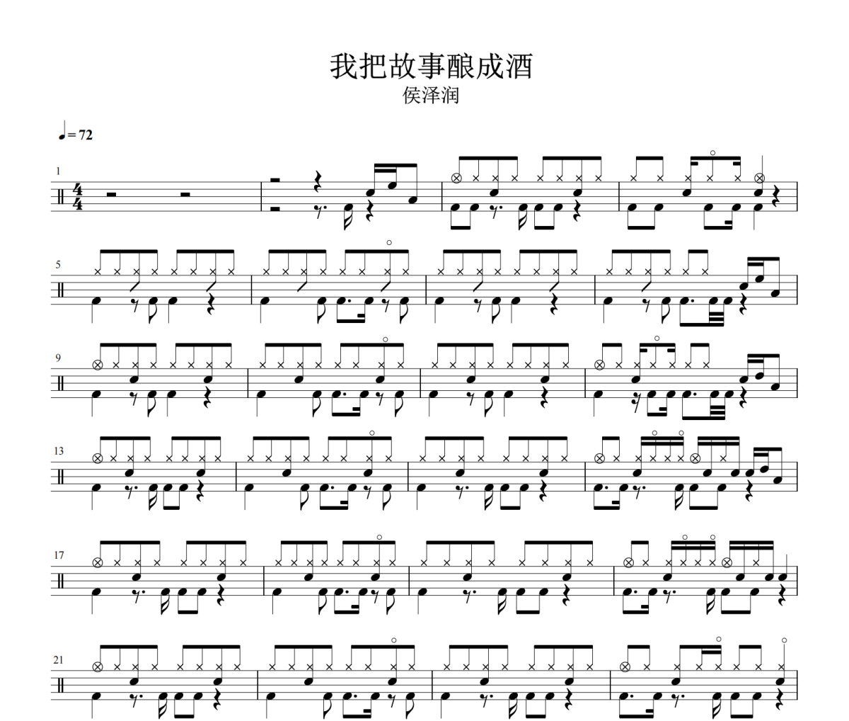 我把故事酿成酒鼓谱 侯泽润《我把故事酿成酒》架子鼓|爵士鼓|鼓谱