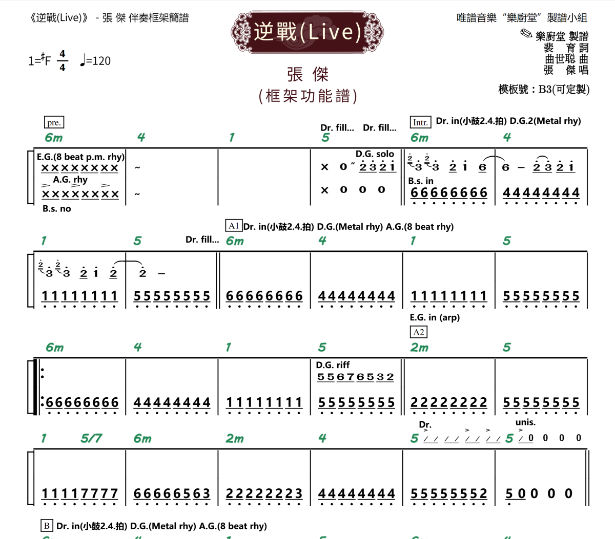 逆战简谱 张杰《逆战》(框架谱)简谱#F调