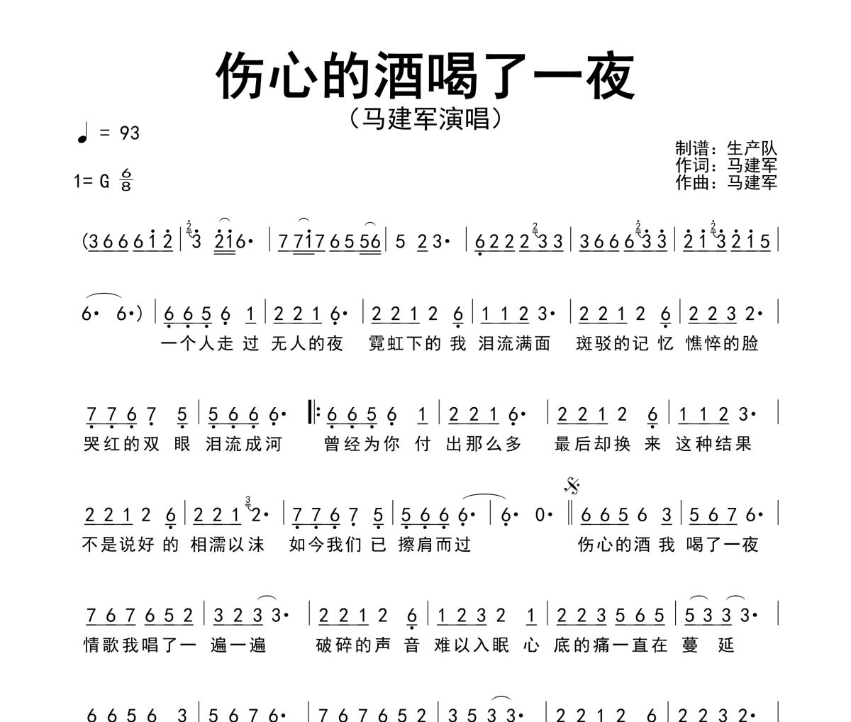 伤心的酒喝了一夜简谱 马建军《伤心的酒喝了一夜》简谱G调