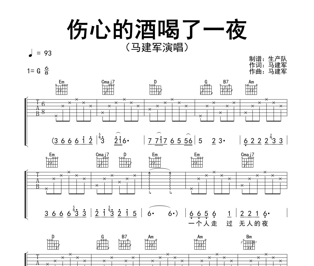 伤心的酒喝了一夜吉他谱 马建军《伤心的酒喝了一夜》六线谱|吉他谱
