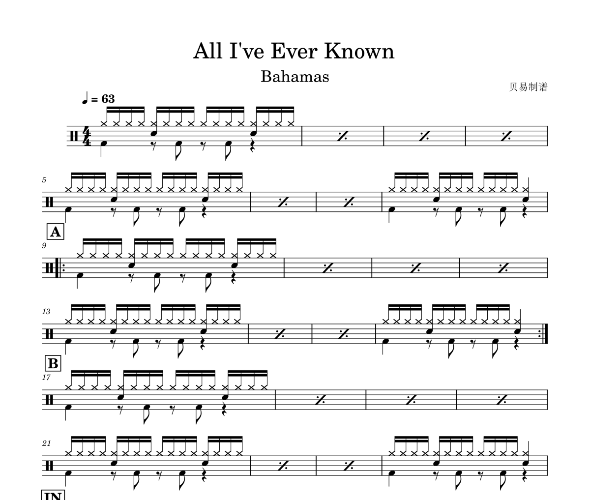 All I've Ever Known鼓谱 Bahamas《All I've Ever Known》架子鼓|爵士鼓|鼓谱