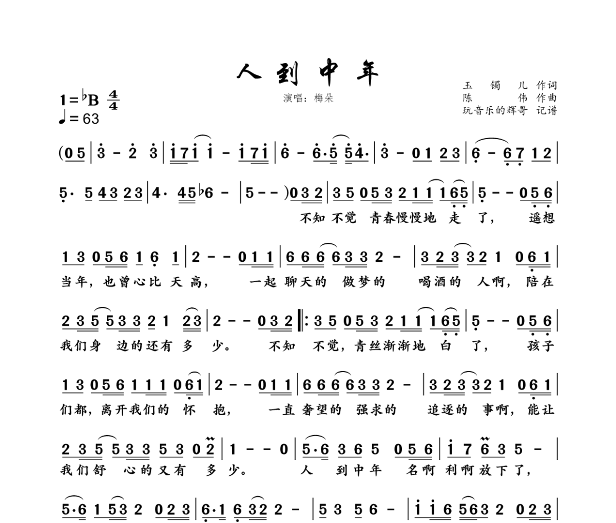 人到中年简谱 梅朵《人到中年》简谱降B调