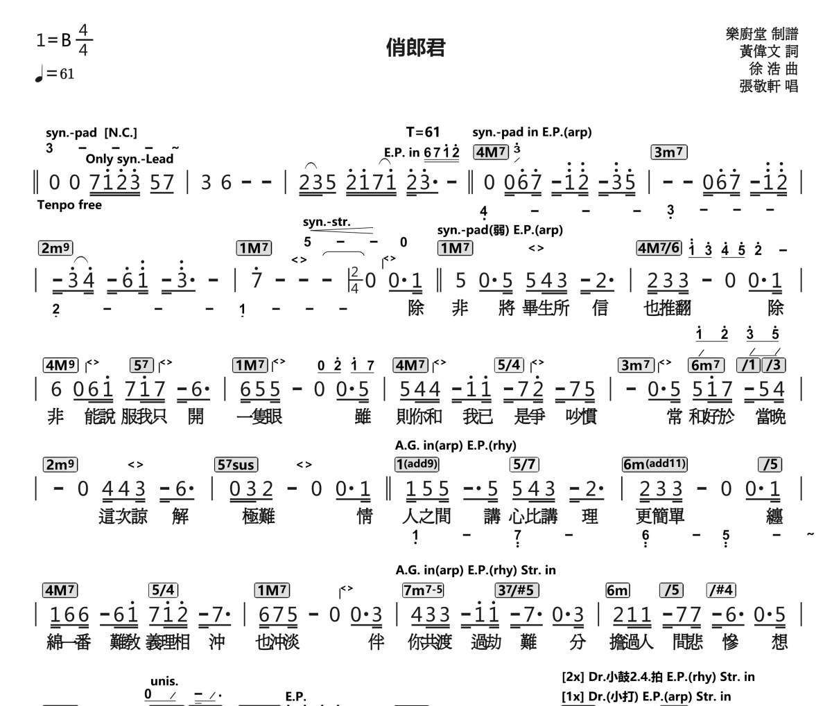 俏郎君简谱 张敬轩《俏郎君》简谱B调