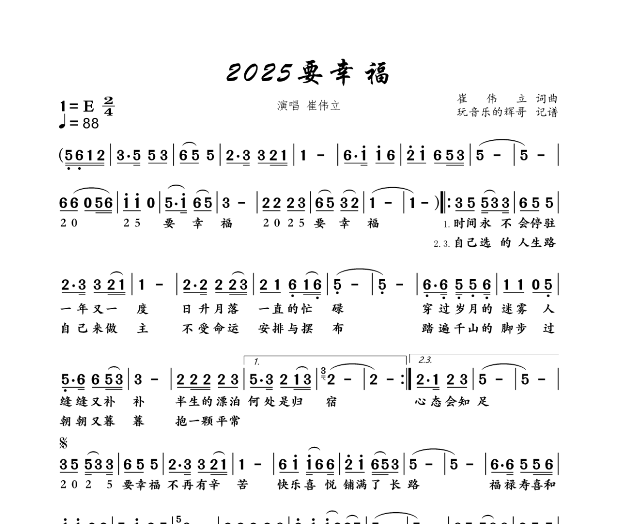 2025要幸福简谱 崔伟立《2025要幸福》简谱+动态视频E调
