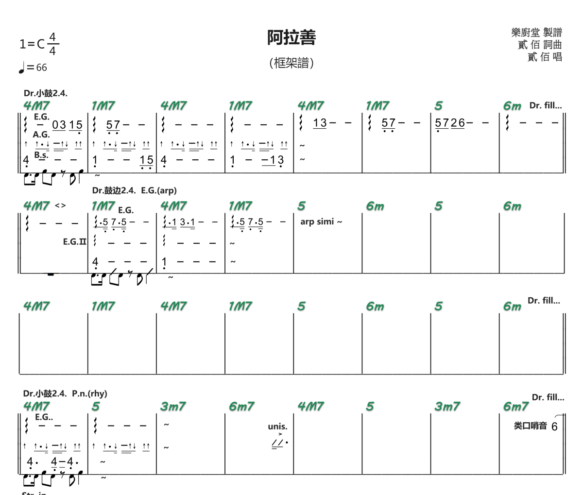 阿拉善简谱  贰佰《阿拉善》简谱C调