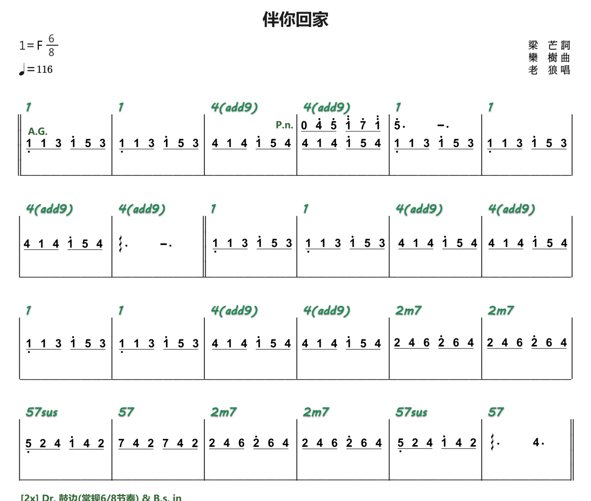 伴你回家简谱 老狼《伴你回家》简谱F调
