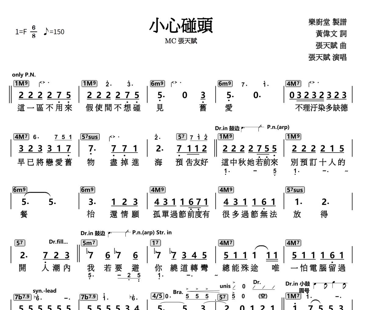 小心碰头简谱  张天赋《小心碰头》简谱F调