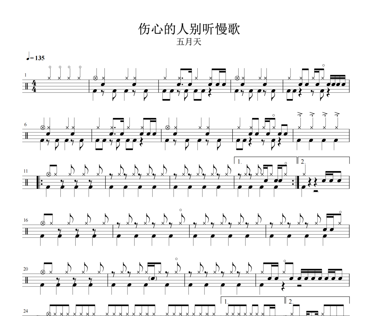 伤心的人别听慢歌鼓谱 五月天《伤心的人别听慢歌》架子鼓|爵士鼓|鼓谱