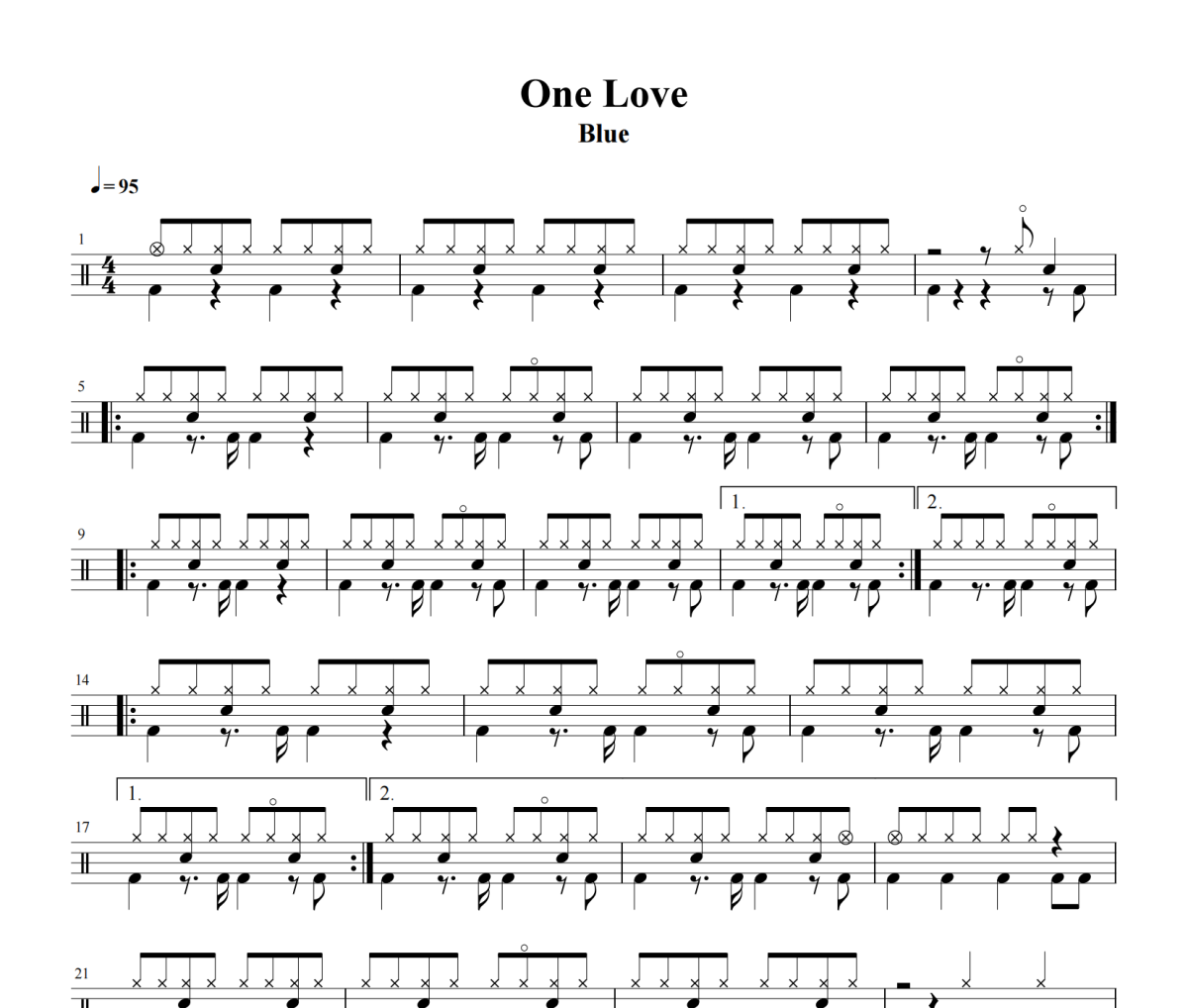One Love鼓谱 Blue《One Love》架子鼓|爵士鼓|鼓谱