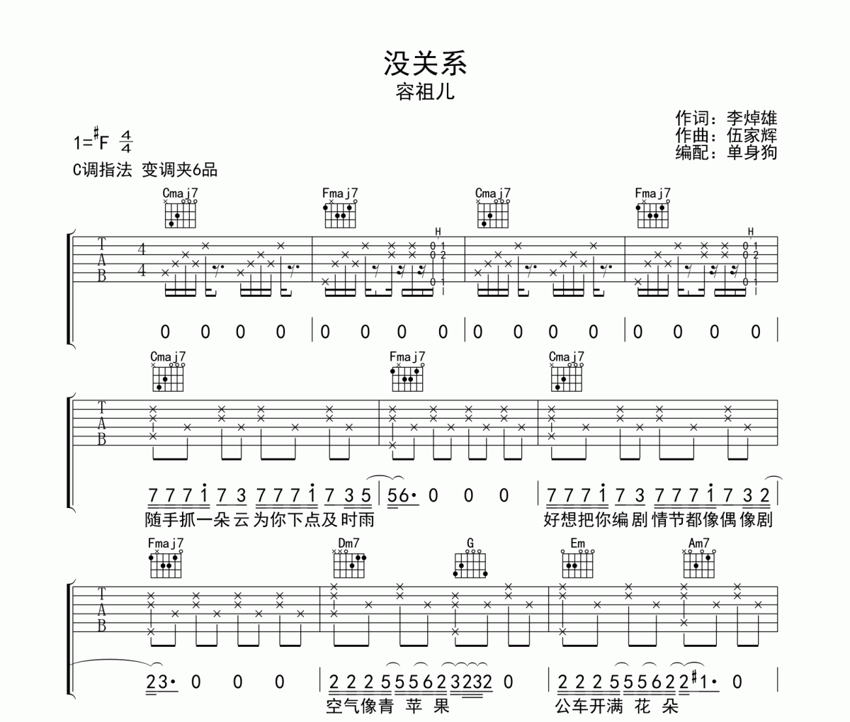 没关系吉他谱 容祖儿《没关系》六线谱C调吉他谱