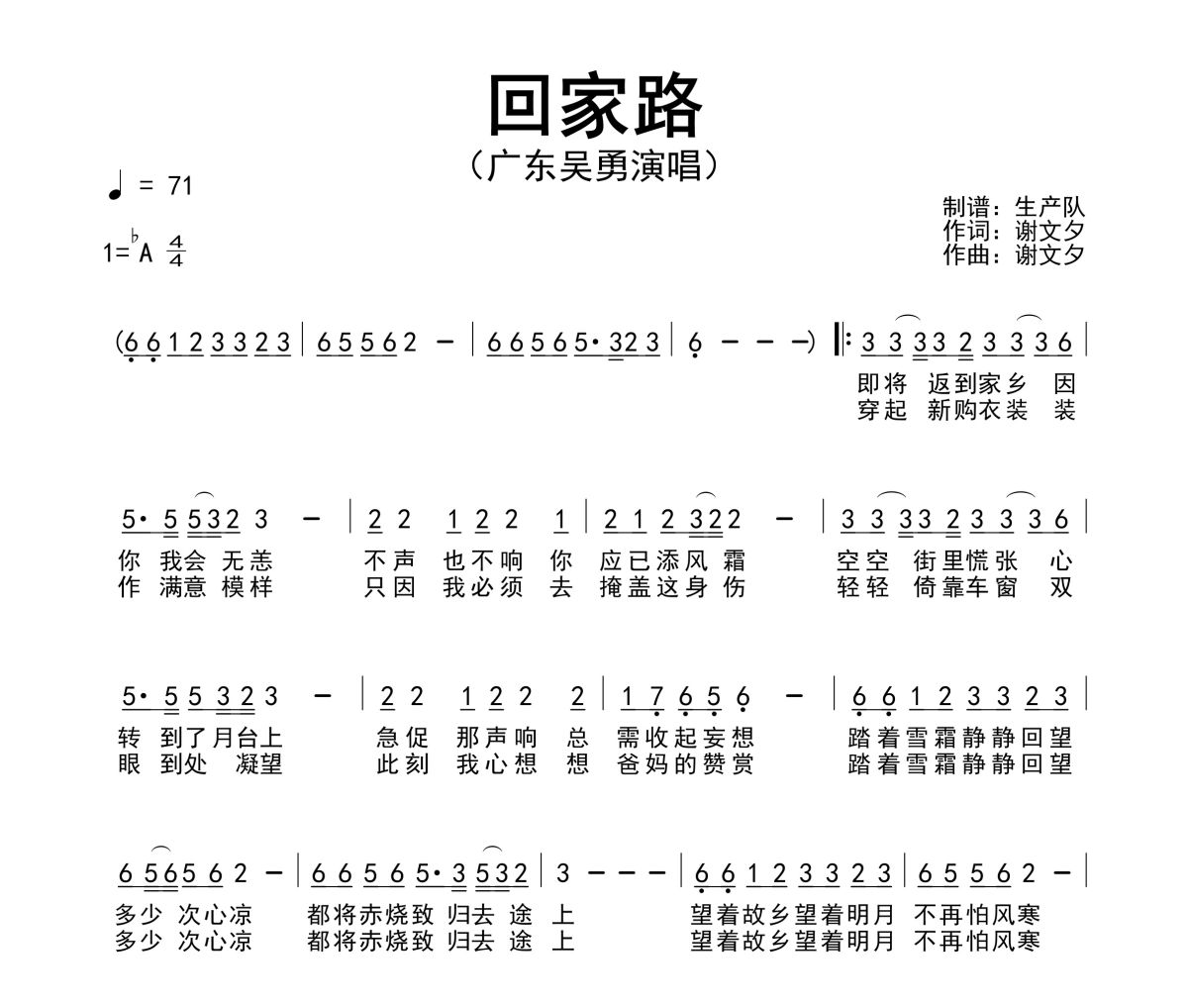 回家路简谱 广东吴勇《回家路》简谱降A调